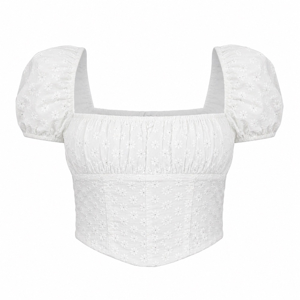 White Eyelet Embroidered Puff Sleeve Crop Top Juniors‎ M Cottagecore Coquette - Picture 2 of 11